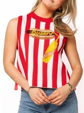 QUEEN OF SPARKLES Red & White Striped “Queen” Mustard on Hot Dog Knit Tank